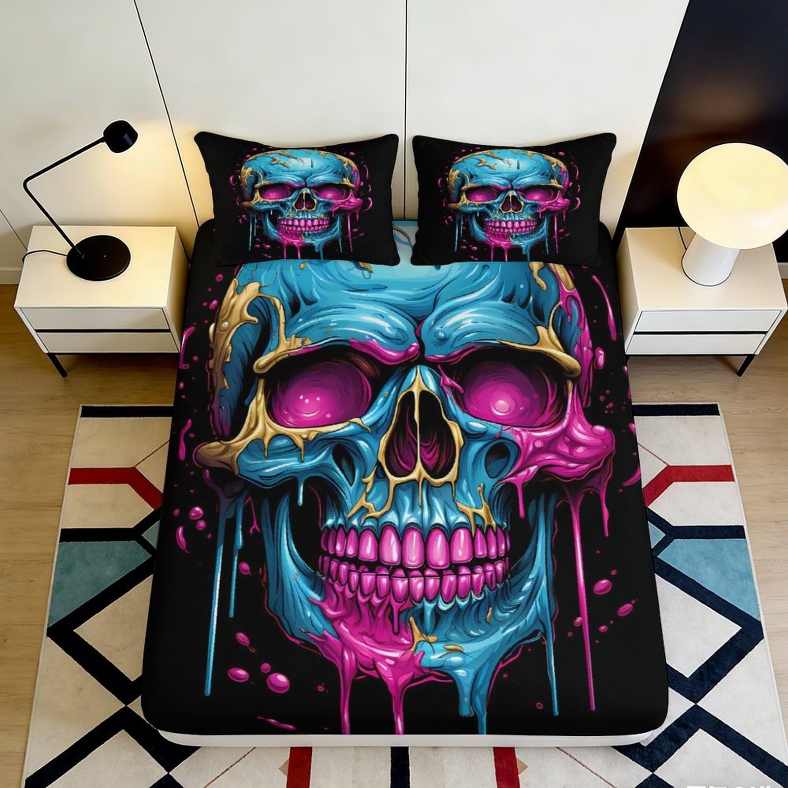 3D Printed Blue Skull Fitted Sheet Microfiber Vibrant Graffiti Mattress Cover Slip-Resistant for Bedroom Dorm Decor 120x200x25cm