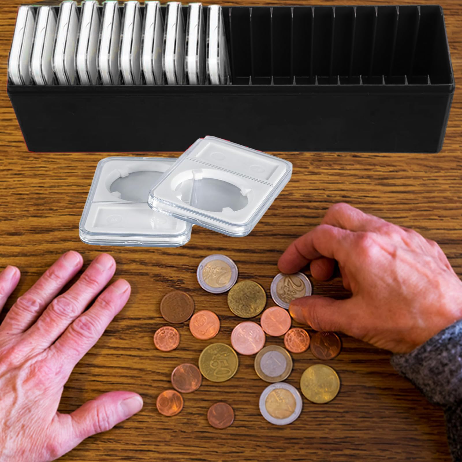 MUDOR Paquete de 2 cajas de almacenamiento para losas de monedas, soporte de plástico para losas de monedas para coleccionistas de monedas, funda negra compatible con 20 soportes de monedas PCCB PCGS,