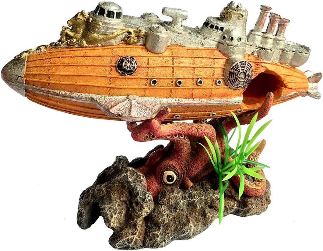 XiR Aquarium Decorations Submarine & Devil Octopus 8.9" Fish Tank Shipwreck Decor Sunken Ship Ornament