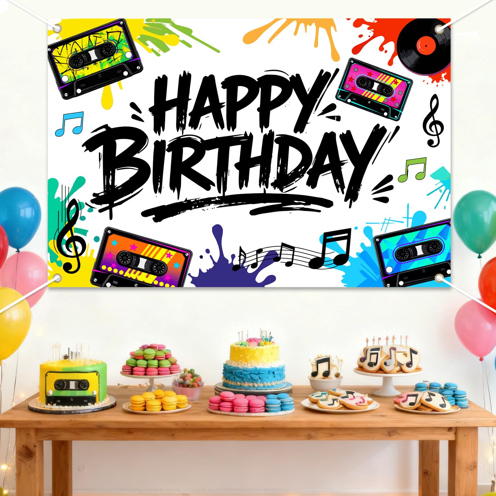 Cinta de casete para cumpleaños, telón de fondo con temática musical, caja de feliz cumpleaños, pancarta colorida de graffiti, música, audio, boombox, fondo de fotografía para niños y adultos