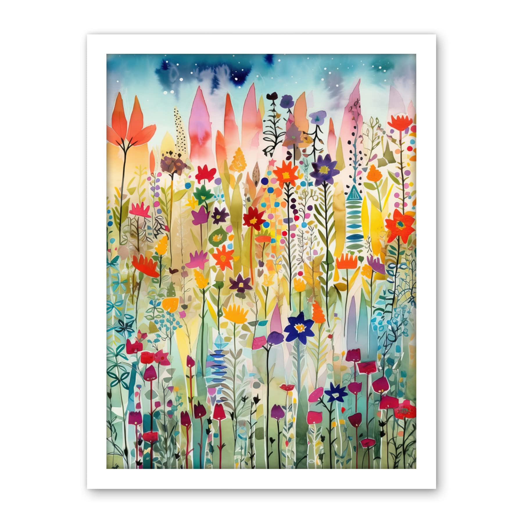 Artery8 Layered Spring Flower Field Folk Art Artwork Framed Wall Art Print 18X24 Inch
