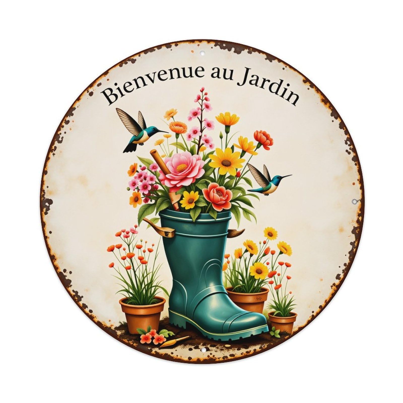 Flower Boot Bird Garden Welcome Round Tin Sign Vintage Style Metal Sign Home Bar Garden Wall Plaque Decor Metal Poster 8x8 Inch