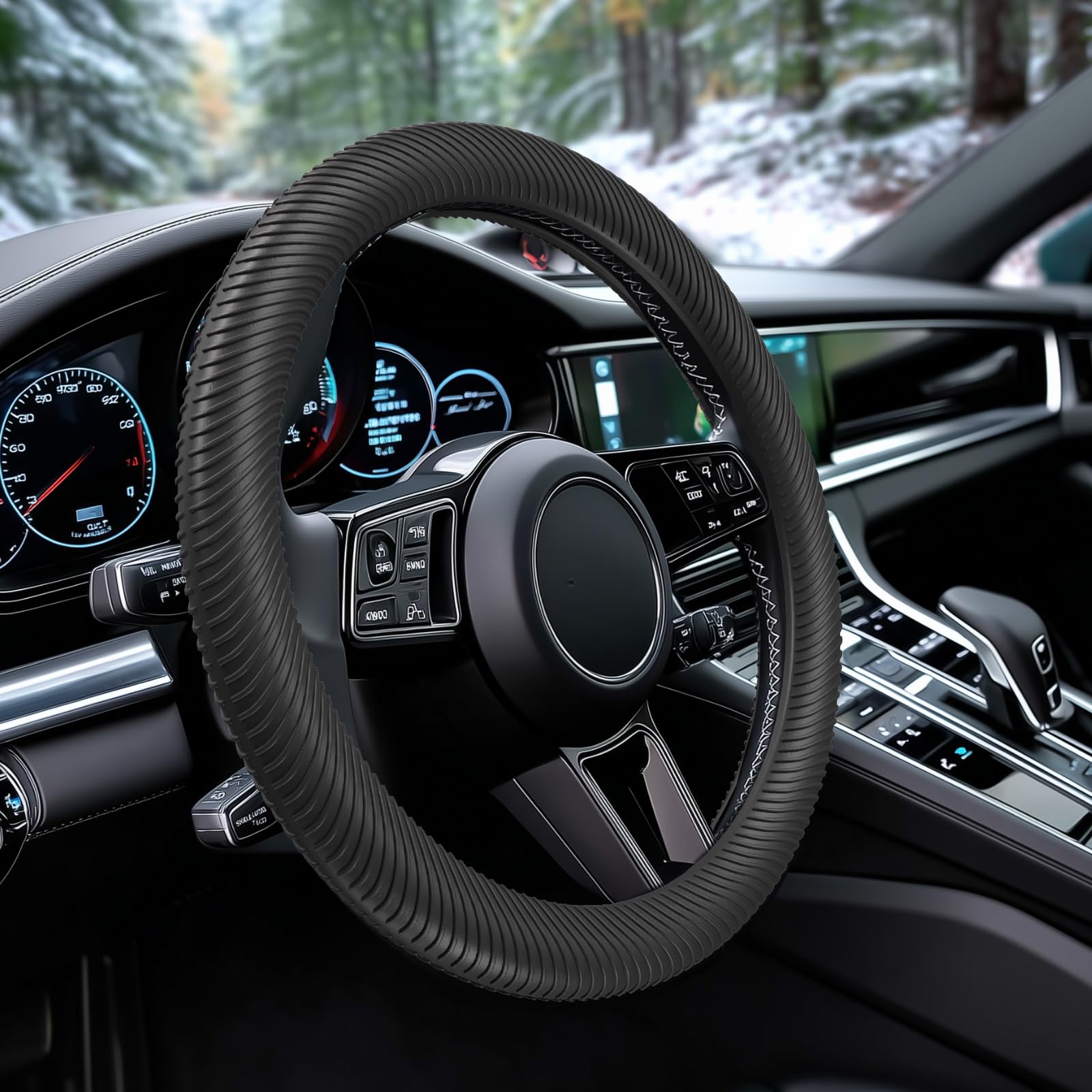 WOCOCN Car Steering Wheel Cover, Thin Anti-Skid Silicone, Black