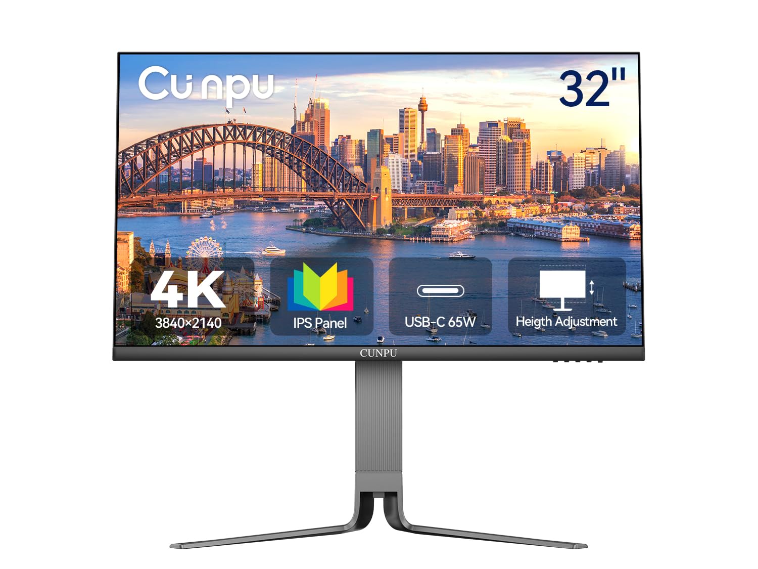 CUNPU 32" 4K IPS Monitor, 100% DCI-P3, 65W USB-C PD, 3-Side Ultra-Thin Bezel, Flicker-Free Eye Care, Ergonomic Adjustable, HDMI/DP, VESA 100x100 - Home/Office Entertainment image 1