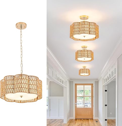 Miniatura 17 de Lámpara de techo de ratán tejida lineal 2 en 1 de 5 luces de 19.6 pulgadas, montaje empotrado/colgante convertible para isla de cocina y comedor,