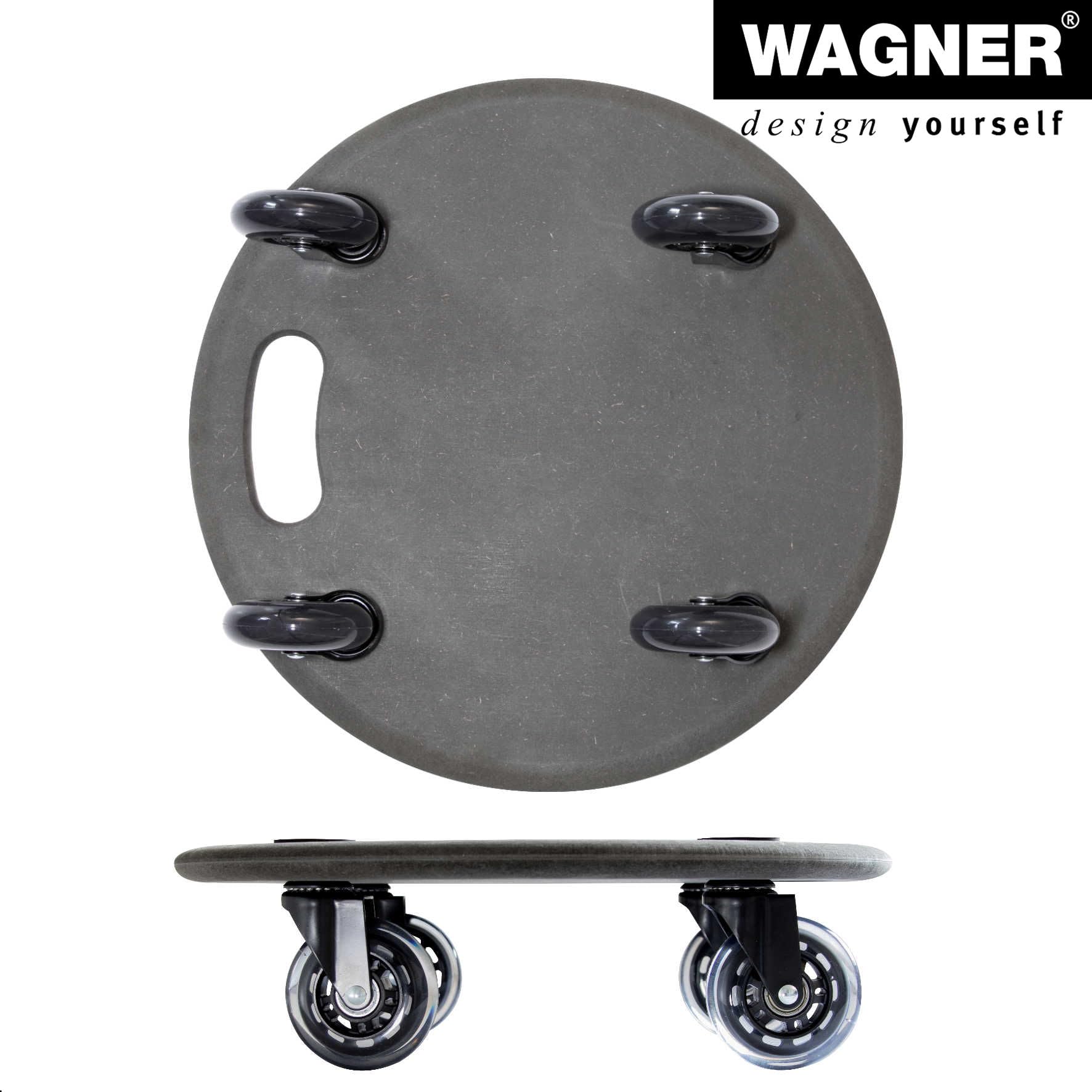 WAGNER Transportroller Transporthilfe 1610 I Plattformwagen schwarz aus MDF I Ø 38 x 11 cm, Tragkraft 250 kg I Möbelroller für Umzüge I Rollbrett rund I Lastenroller mit Tragegriff I FSC®