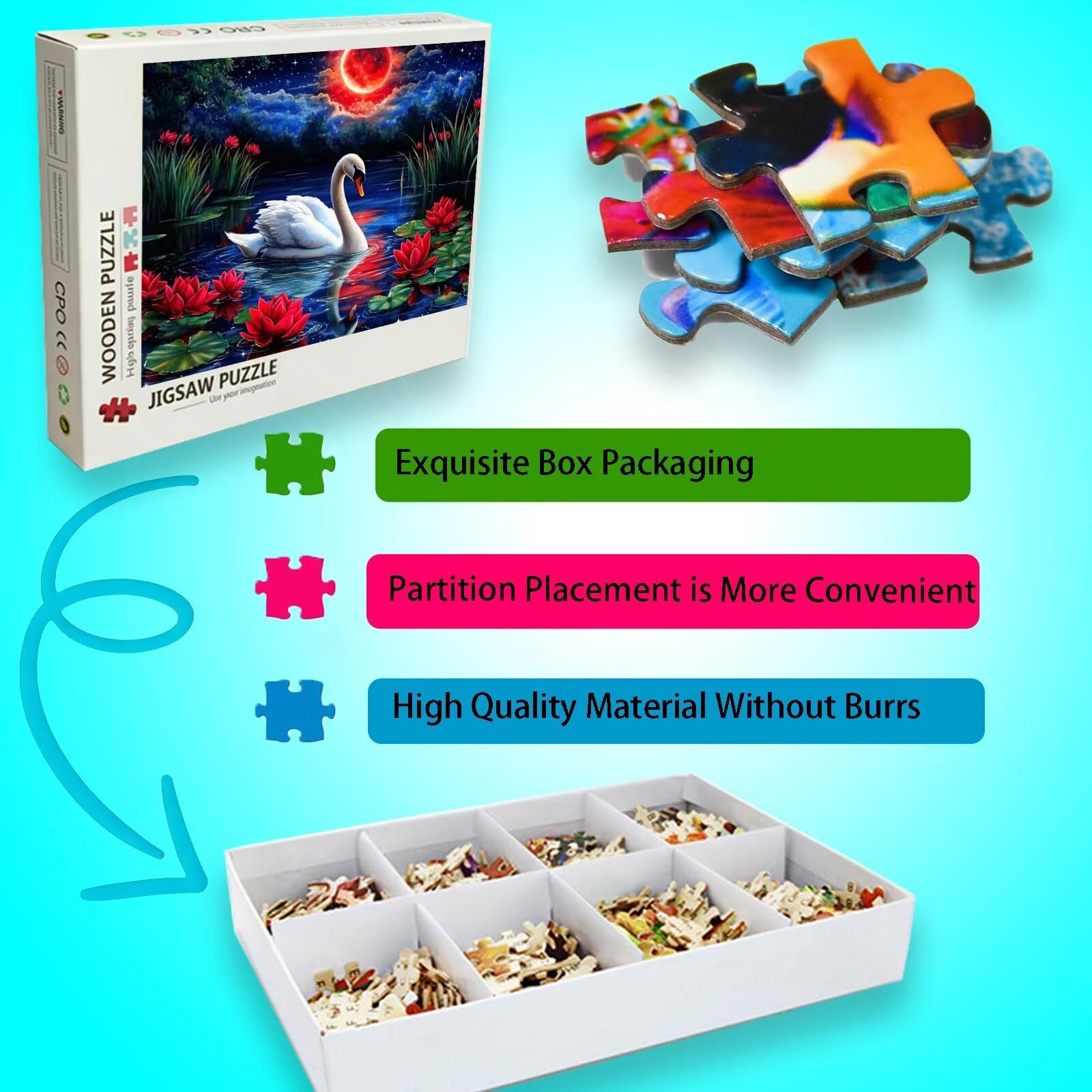 Puzzle z zachodem słońca, 1500 elementów, trudne puzzle, drewniane puzzle dla całej rodziny, zestaw "zrób to sam", dla dorosłych, nadają się jako dekoracja ścienna i prezenty, temat: łabędź 8p-500