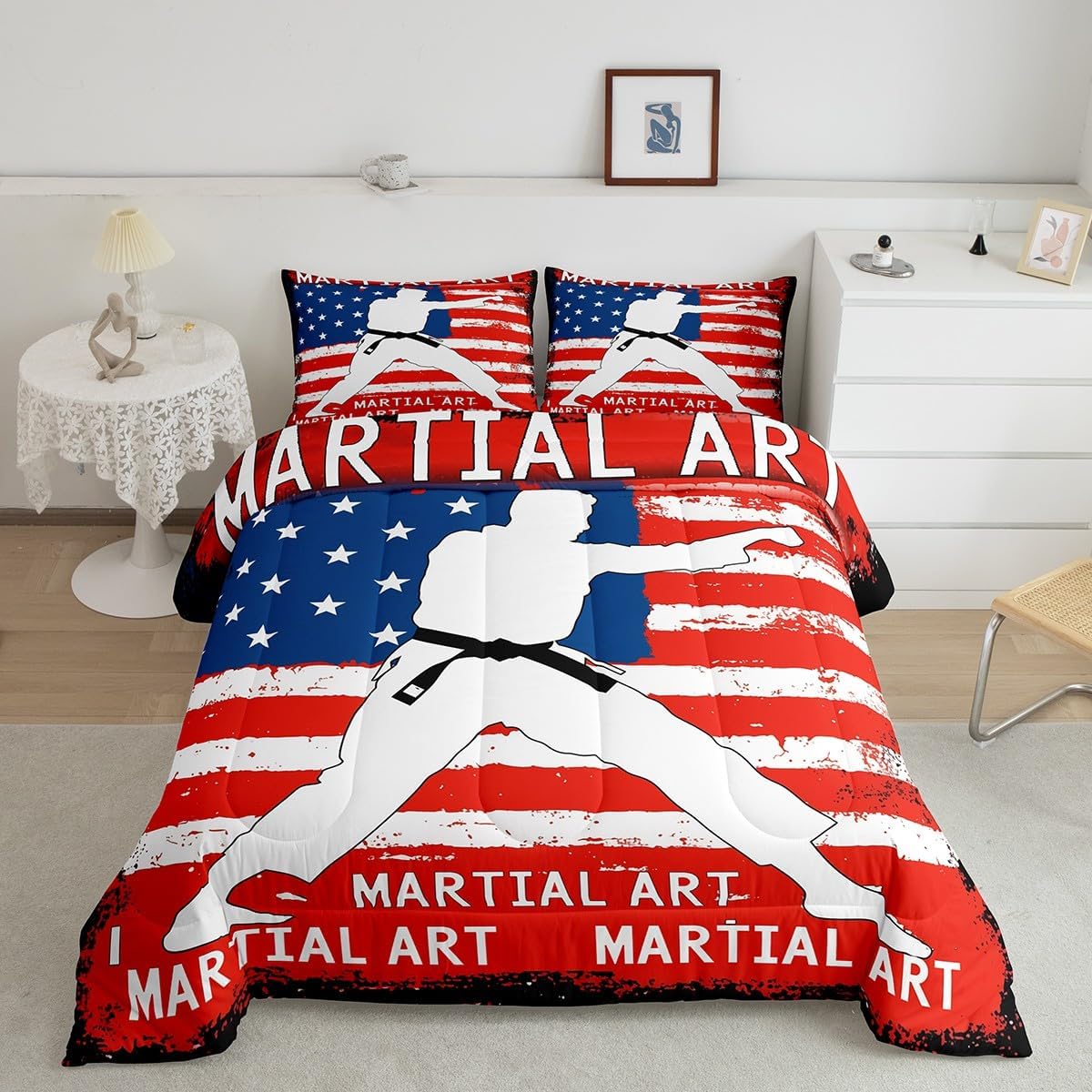 Feelyou Kids American Flag Comforter Set Full Size Boys Girls Karate Kungfu Taekwondo Comforter Martial Art Bedding Set Korean Flag Style Quilt Set