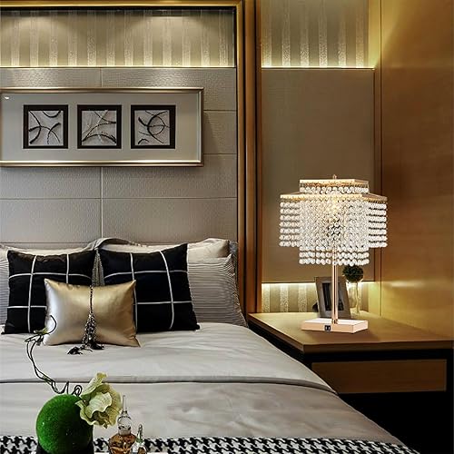 Miniatura 8 de Popity home Lámpara de mesa de cristal dorado con hermosa mesita de cama de doble cubierta lámparas de escritorio doradas con elegante pantalla de