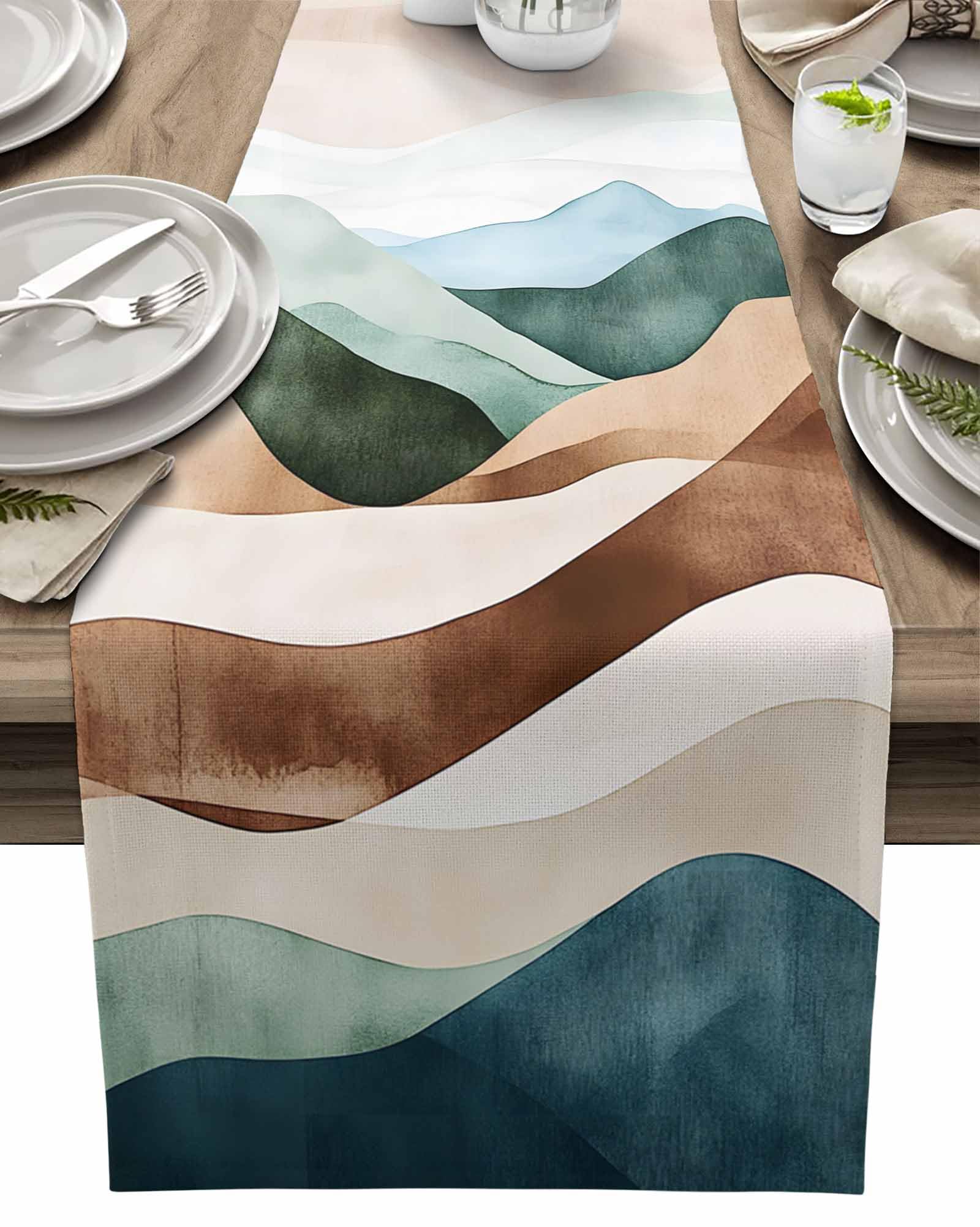 Table Runner Green Brown Mountain Table Runners for Dining Room Abstract Art Kitchen Dining Table Decoration for Home Party Decor 13x36 inch