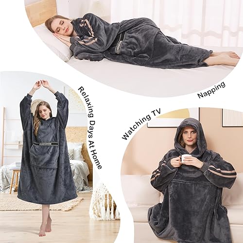 Miniatura 5 de FashGudim Manta de gran tamaño con capucha de 14.11 oz para adultos, manta con capucha, regalos para mamá, esposa, mujeres y niñas, Gris