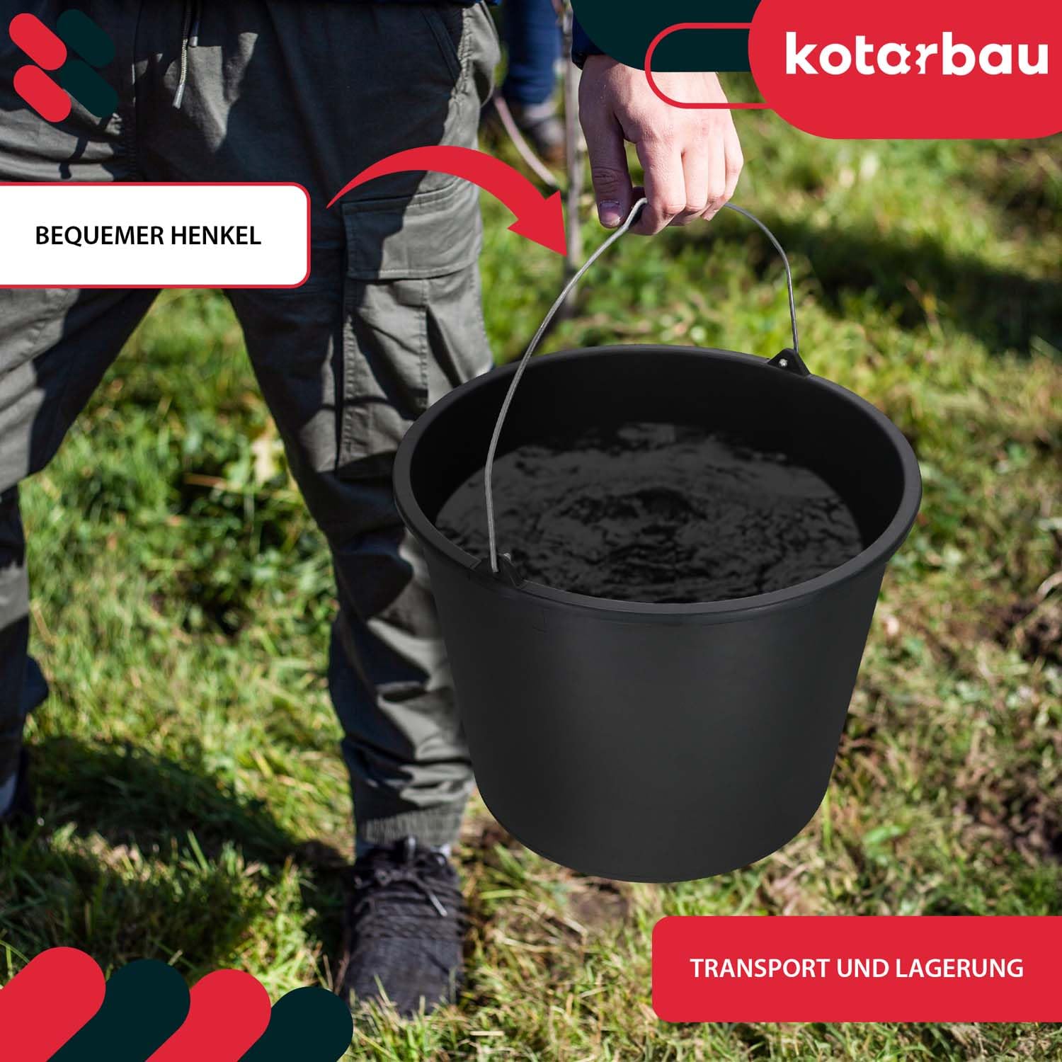 KOTARBAU® 20 Cubos de Plástico Negro, 16 Litros, para Trabajos en Jardín, Construcción, Mortero, Cemento, Agua, Limpieza - Multiuso, Resistente, Con Asa