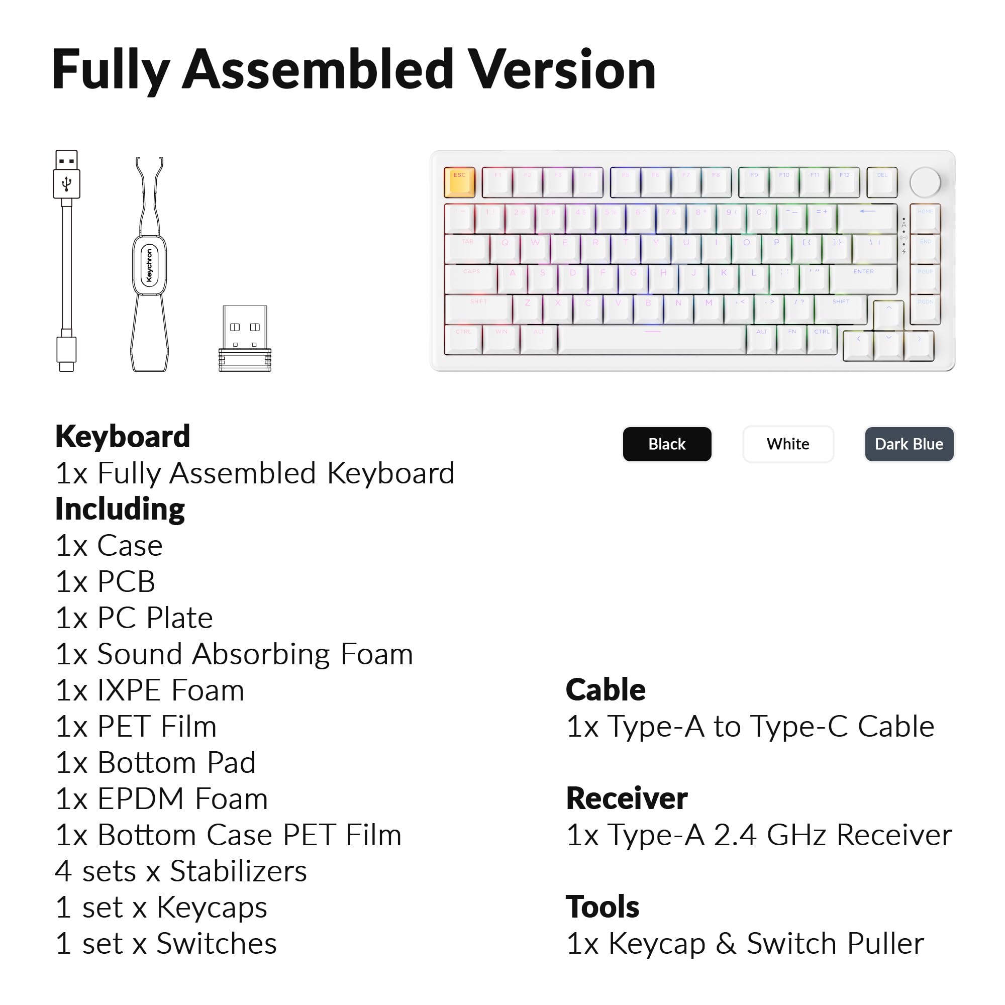 Keychron J2 Tastiera Meccanica Senza Fili 2.4GHz Bluetooth QMK 75% Layout RGB con Manopola, Interruttore Rosso Hot-Swap Compatibile con Mac Windows Linux per Gaming Office - Bianco