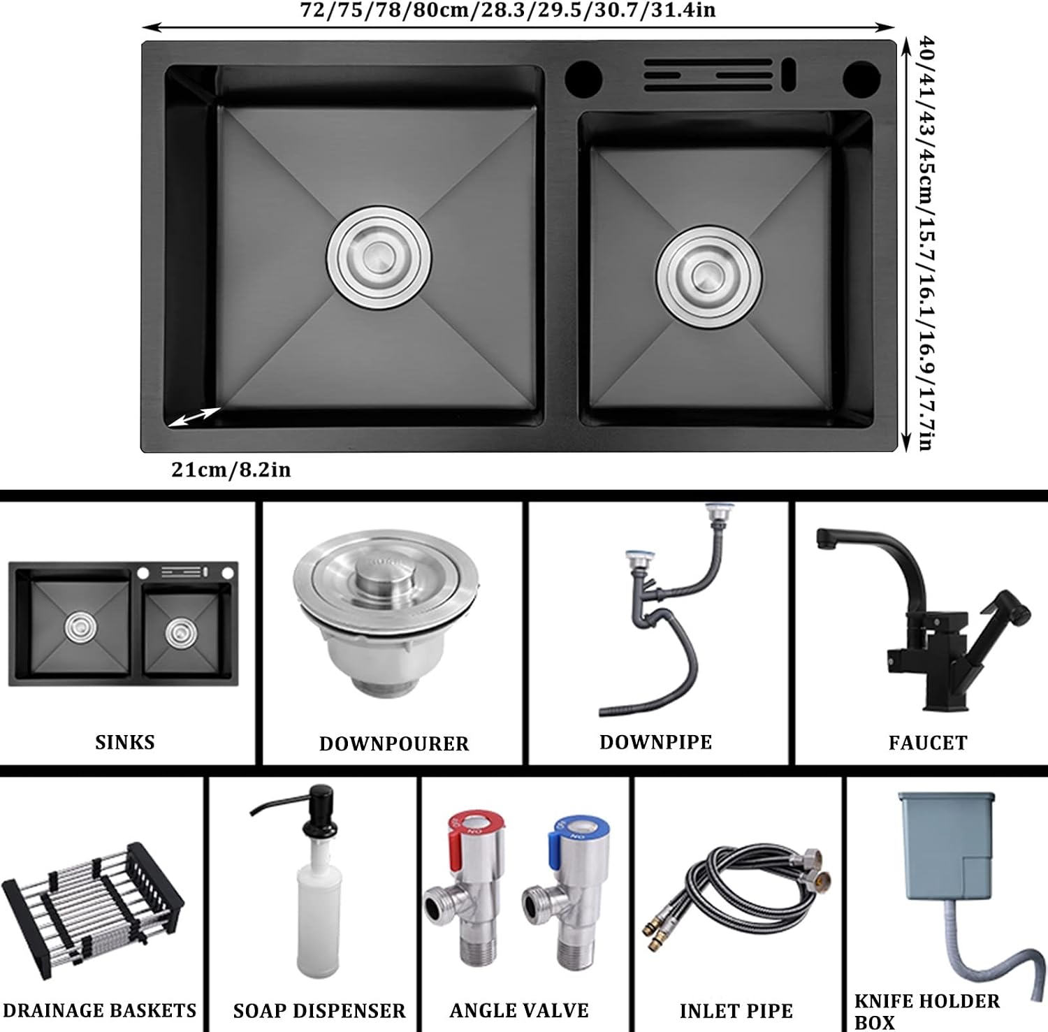 Black Kitchen Sink 304 Stainless Steel Double Bowl Bar Sink Square RV Sink with Faucet & Drain Top Mount Or Undermount (Color : Black-E, Size : 72x40x21cm)