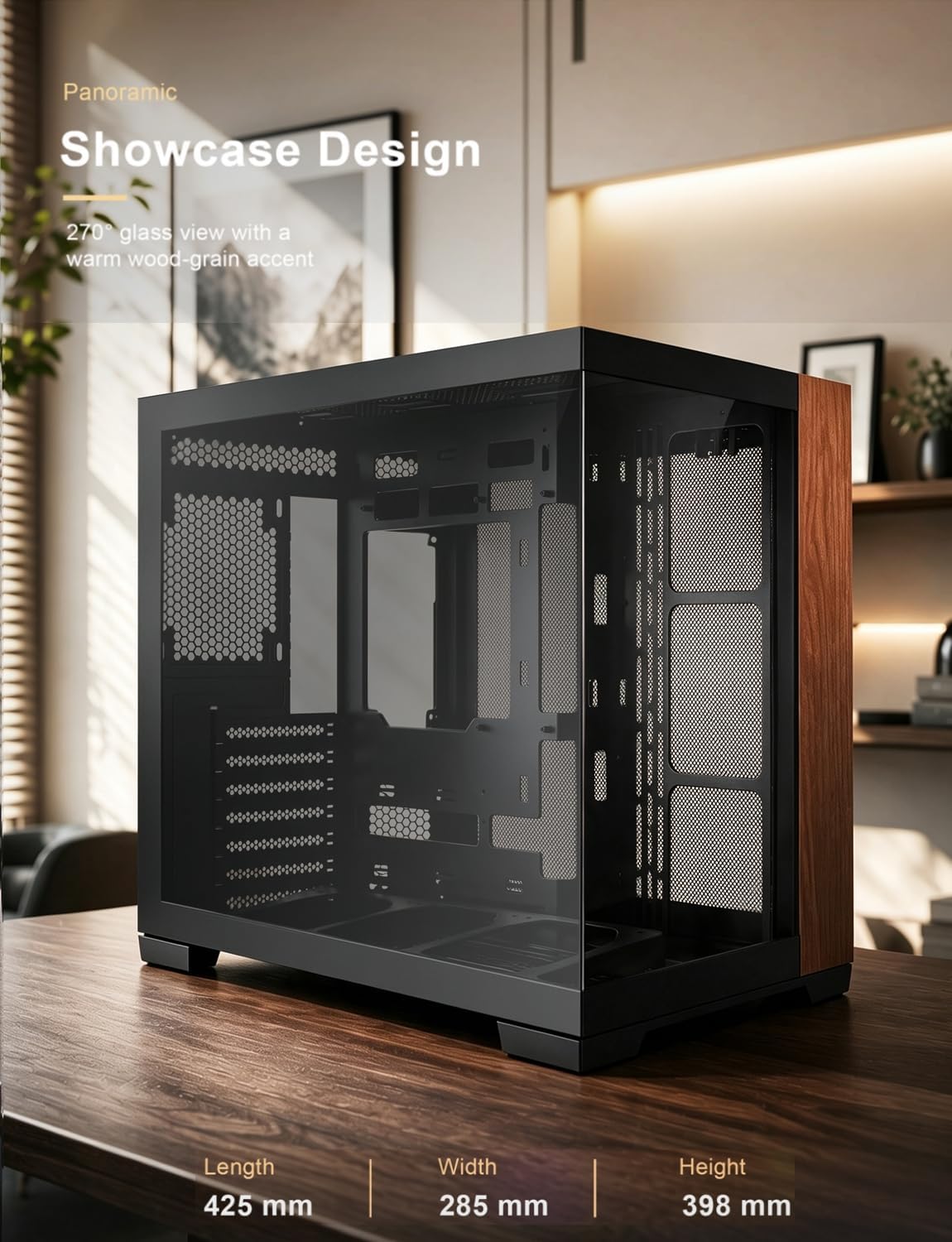 AsiaHorse SCUTUM ATX PC obudowa, panoramiczna środkowa wieża z akcentem słojów drewna, tylne połączenie ATX, szkło hartowane 4 mm, wspornik grzejnika 360 mm, typ C 20 Gb/s, wspornik wentylatora