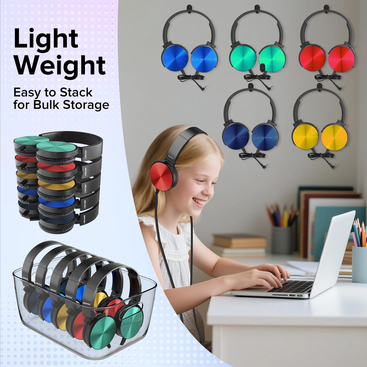 Cuffie per aule scolastiche, confezione da 10 cuffie per bambini e scuole, all'ingrosso, resistenti, set di auricolari per studenti, bambini, ragazzi, ragazze e adulti (HTC004, colorate)