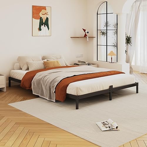 Miniatura 7 de Marco de cama de 6 pulgadas, tamaño Queen de perfil bajo, plataforma de metal, base de cama baja de soporte resistente, marco de cama de perfil
