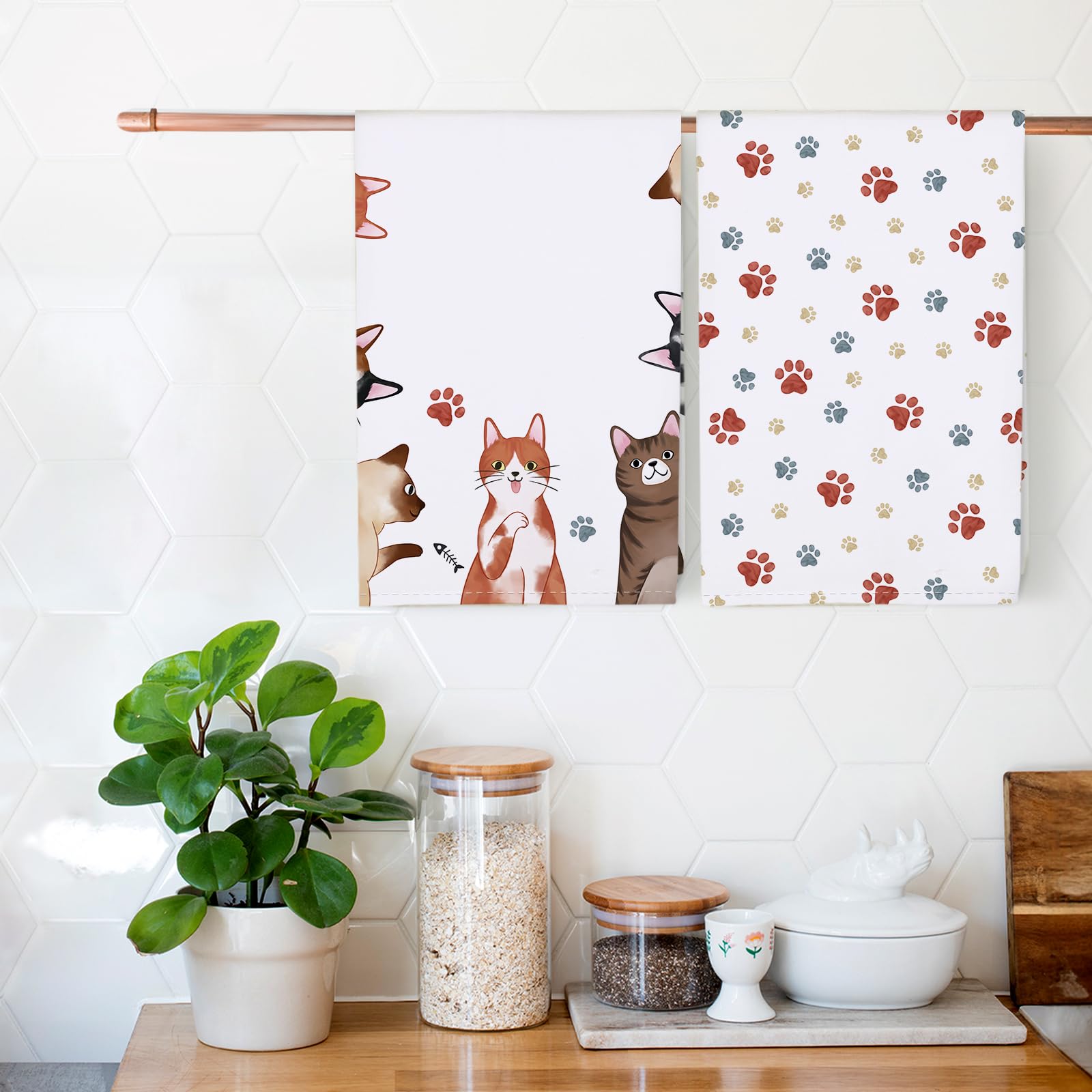 Set Di 4 Strofinacci In Cotone - Motivo Gatto, 48x70cm, Super Assorbenti Per Cucina - Foto 3