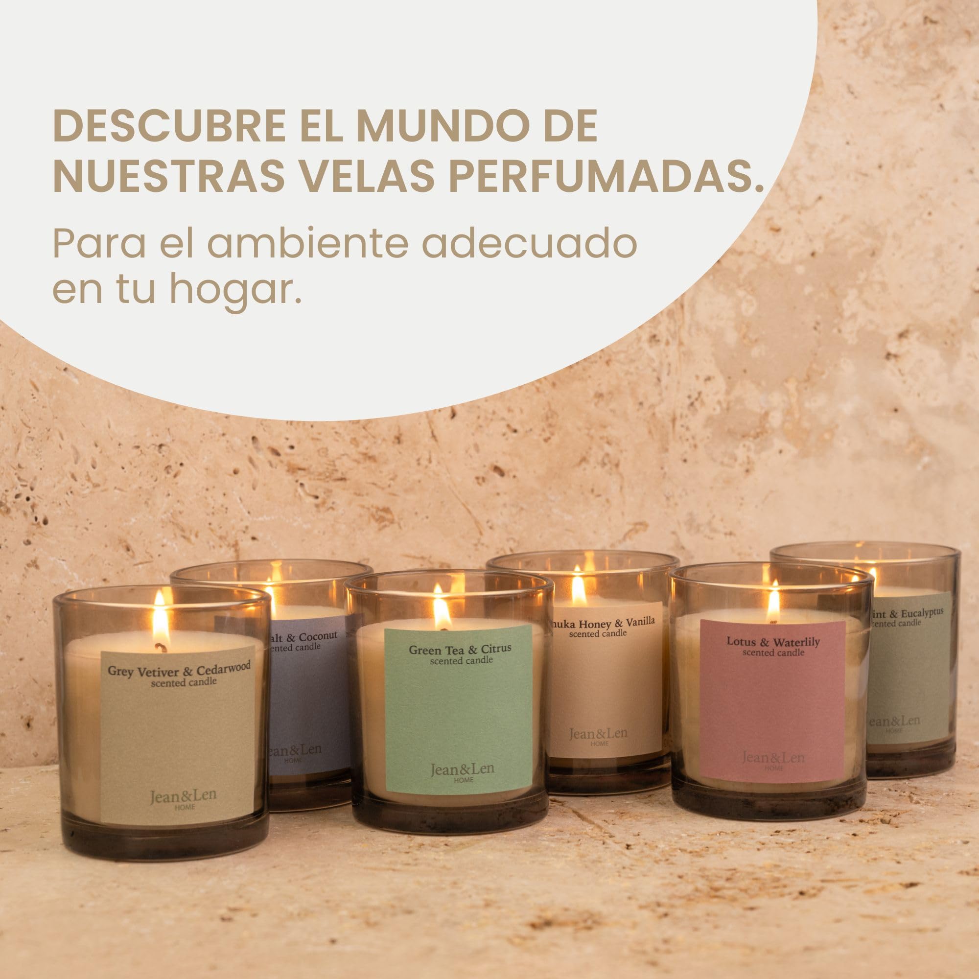 Jean & Len Scented Candle Manuka Honey & Vanilla, elaborada con manteca de karité, duración de combustión aprox. 40 horas, diseño minimalista, aroma sensual, vegano, 195 g