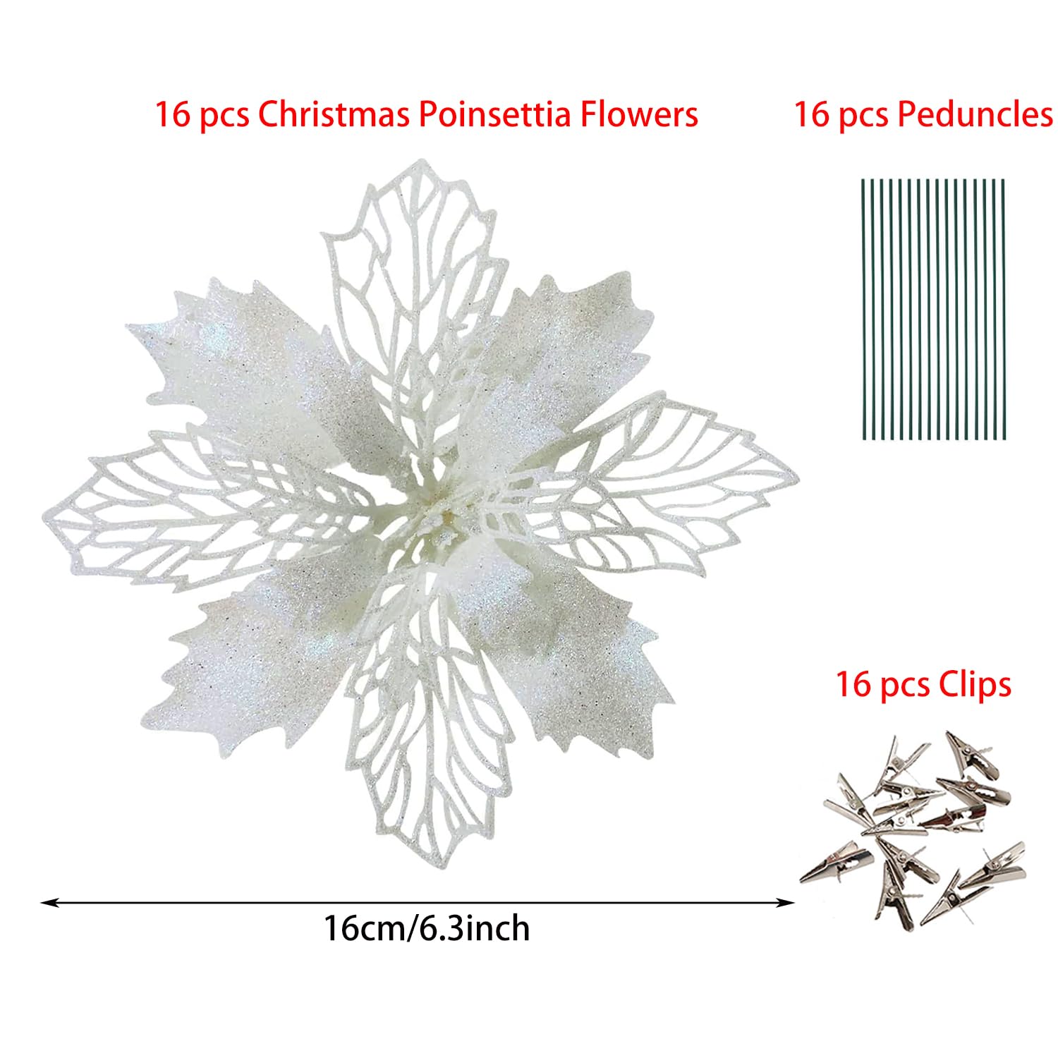 DWTECH 16 Pack Christmas Poinsettia Flowers with 16 Peduncles & 16 Clips,16cm/6.3’’ Artificial Flowers Glitter Poinsettia Christmas Wreath Christmas Tree Ornaments for Christmas Decorations (White) - Image 2