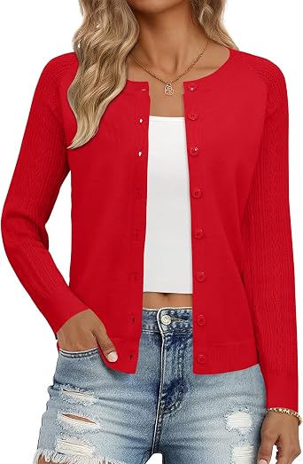 Ivicoer Womens Cardigan Sweater Button Up Cardigan Textured Sleeves Crew Neck Sweater Trendy Outfits 2026
