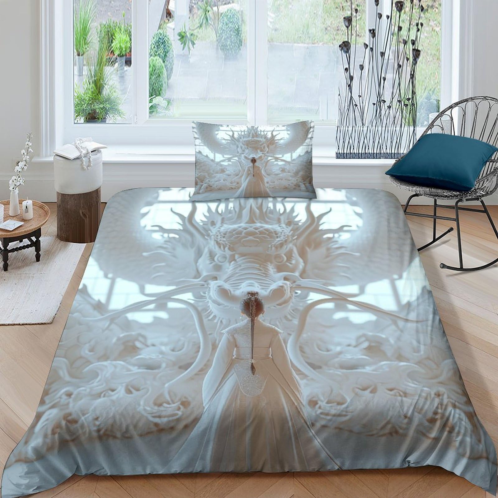 BARDYS White Dragon Sculpture Comforter Covers for Boys Girls Quilt Cover 3D Print Models Duvet Cover with Zipper Closure Bedding Set Soft Microfiber with Pillow Cases 3 Pieces Single（135x200cm）