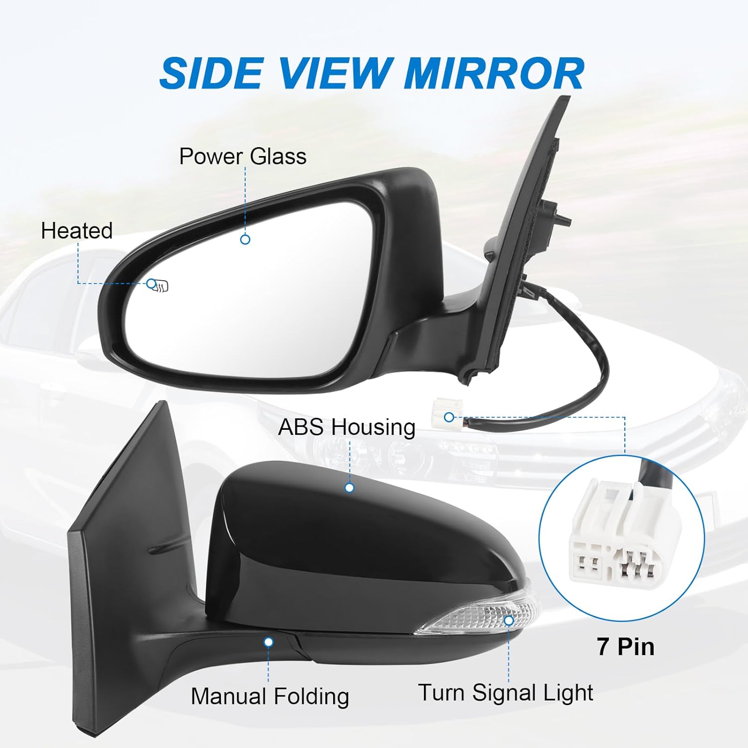 JDMSPEED Left Driver Side View Door Mirror Compatible with 2014-2019 Toyota Corolla with Power Glass Manual Folding Heated Turn Signal Light Black(7Pin)