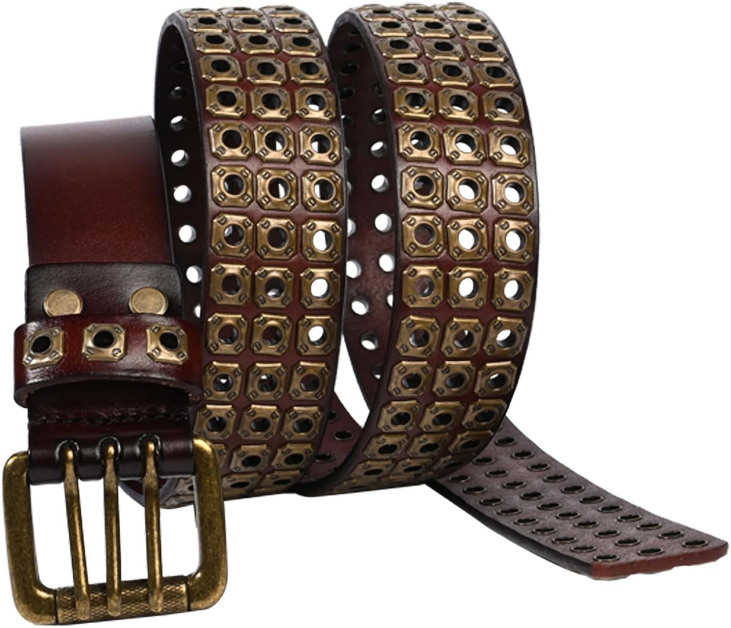 Punk Belt for Men Women Cowhide Leather Belts with 3 Grommet Retro Studded Metal Rivet Casual Belt for Rock Rap Jeans Dresses