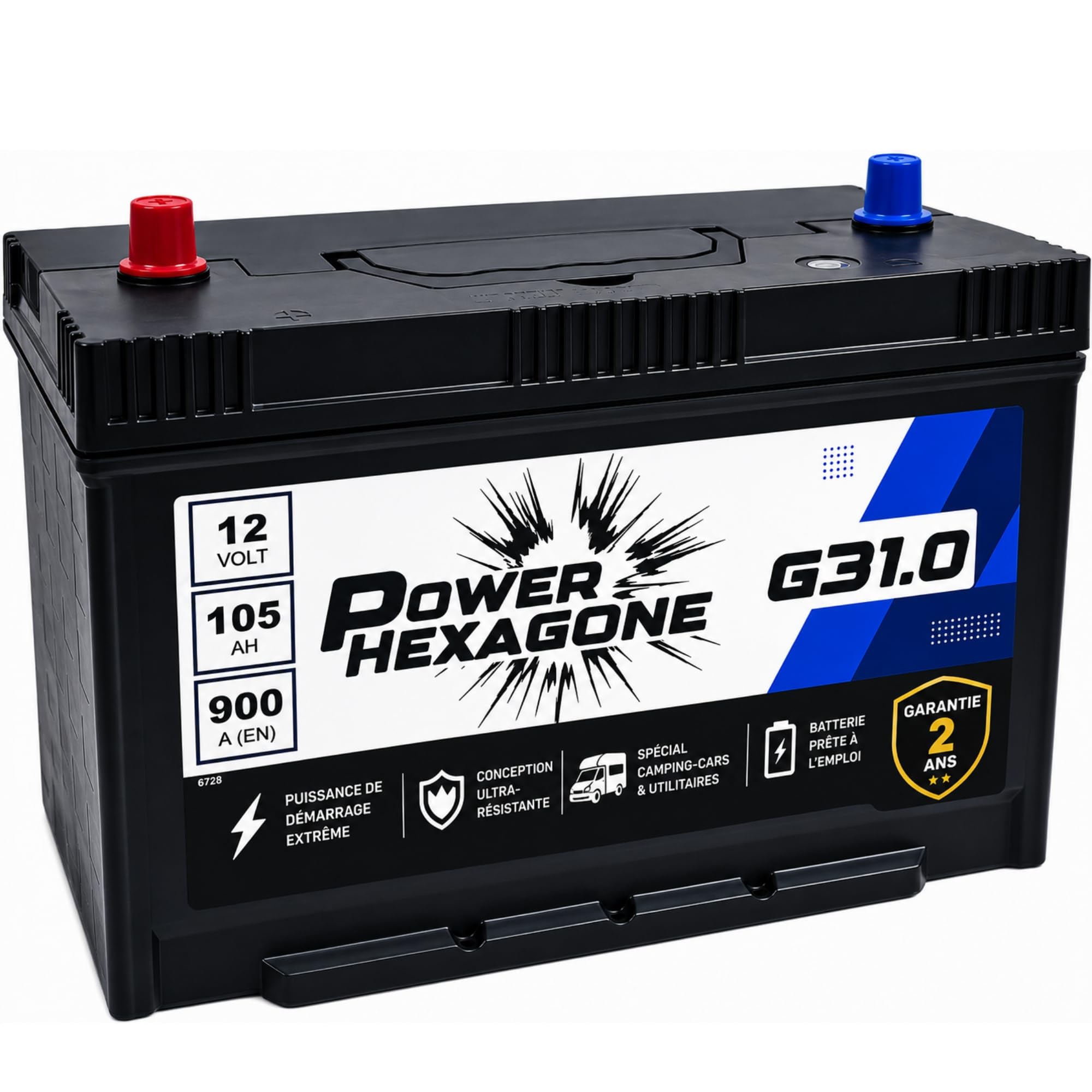 Batterie 12V 105Ah GR31 - Démarrage 900A - Batterie Poids Lourd Sans Entretien - Format GR31 pour Camion, Tracteur, Engin de Chantier - Remplacement Origine - Power Hexagone