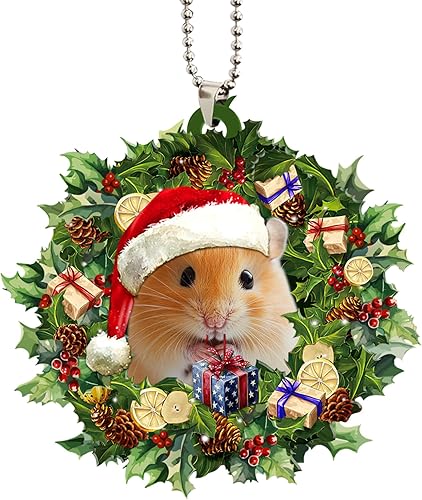Miniatura 7 de Talataca Hámster sirio con un sombrero de Navidad, corona de regalo para hámster plano 2D para espejo retrovisor de automóvil, accesorios para el