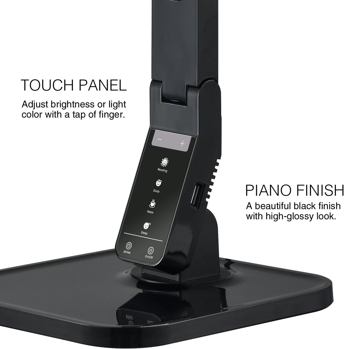 Close-up of the Tenergy desk lamp's touch control panel, showing icons for reading, study, relax, sleep modes, and brightness adjustments.
