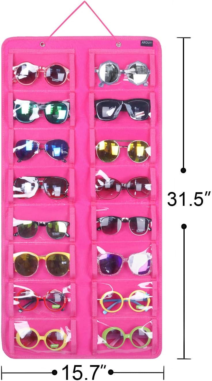 AROUY Sunglasses Organizer Storage, Hanging Dust Proof Wall Pocket Glasses Organizer - 16 Felt Slots Sunglass Organizer Holder with Metal Hook and Sturdy Rope (Dust Proof, Rose) image 4
