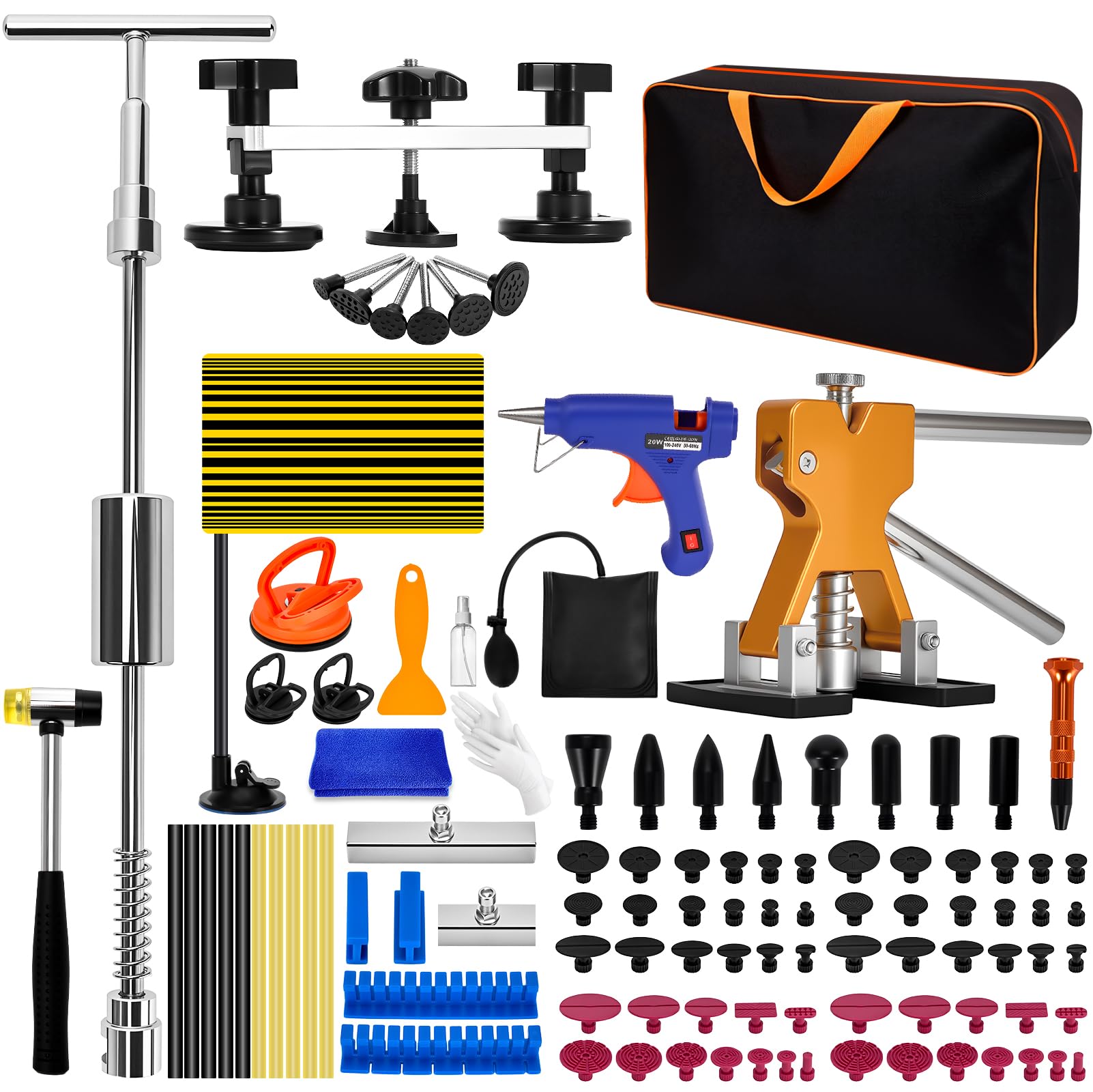 Kit Extractor Abolladuras Coche 120Pcs con Pistola de Pegamento, Extractor, Martillo y Ventosas, Kit de Reparación de Abolladuras sin Pintura para Coches, Motos y Electrodomésticos Metálicos