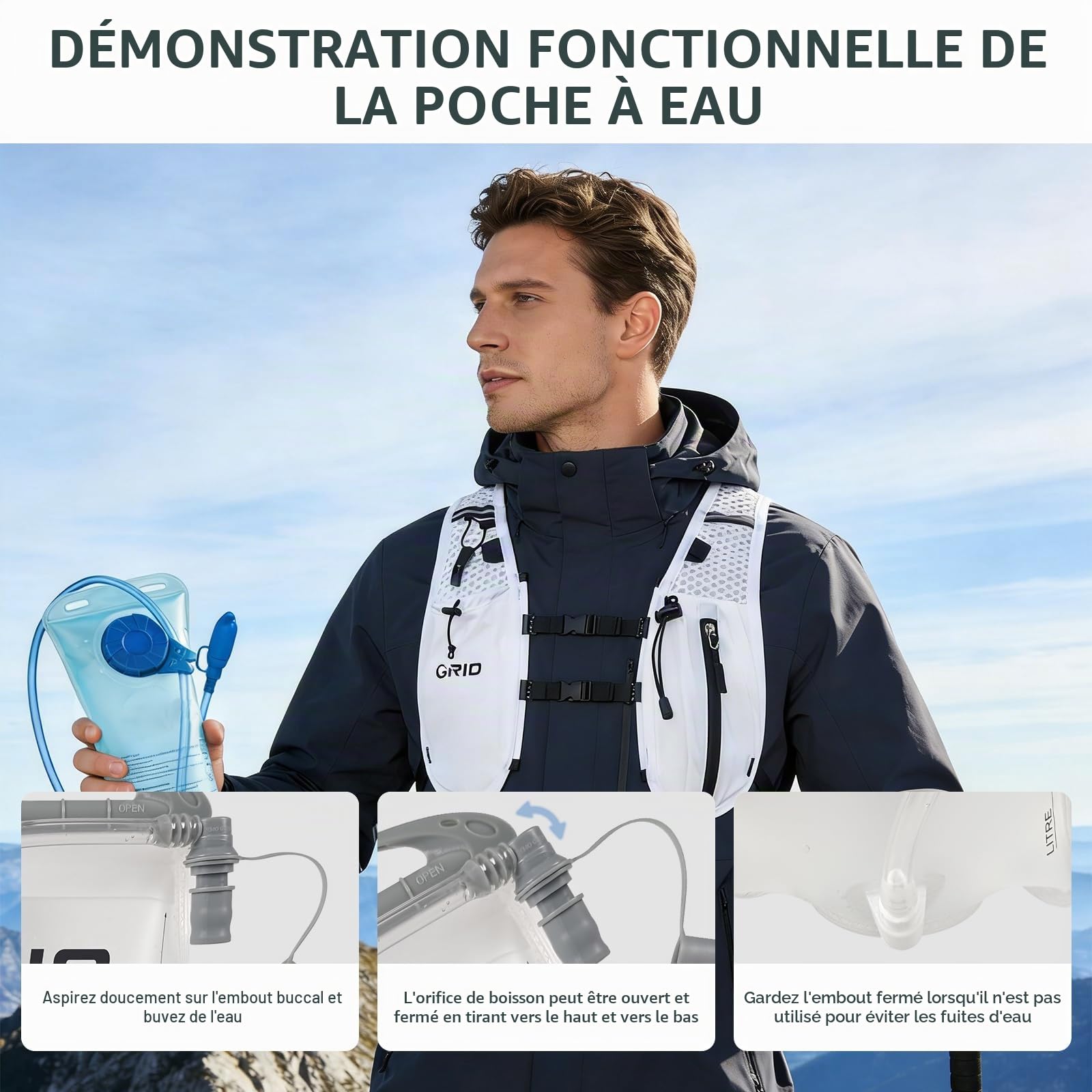Gilet de course pour homme et femme, sangles de poitrine réglables, gilet d'hydratation avec poche d'eau de 1,5 L, léger, respirant, réfléchissant, pour marathon, sentier, randonnée, cyclisme