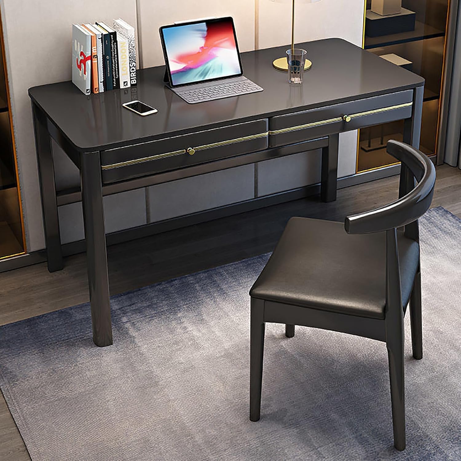 Escritorio Moderno de Mediados de Siglo de Madera Maciza con 2 cajones para Oficina en casa. Estación de Trabajo Estable con Amplia Superficie de Trabajo. Mesa de Estudio Ideal para teletrab
