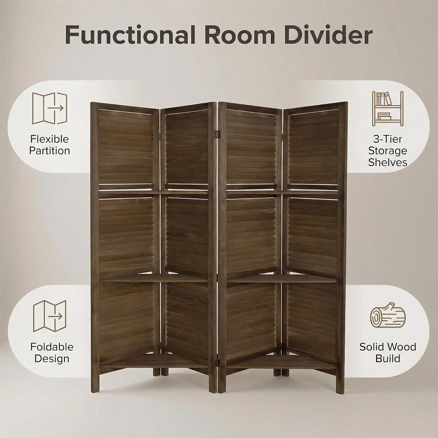 Bluecat 4 Panel Folding Room Divider with Shelves, Portable Lightweight Privacy Screen for Bedroom Home Office, No Assembly Required, Dark Brown