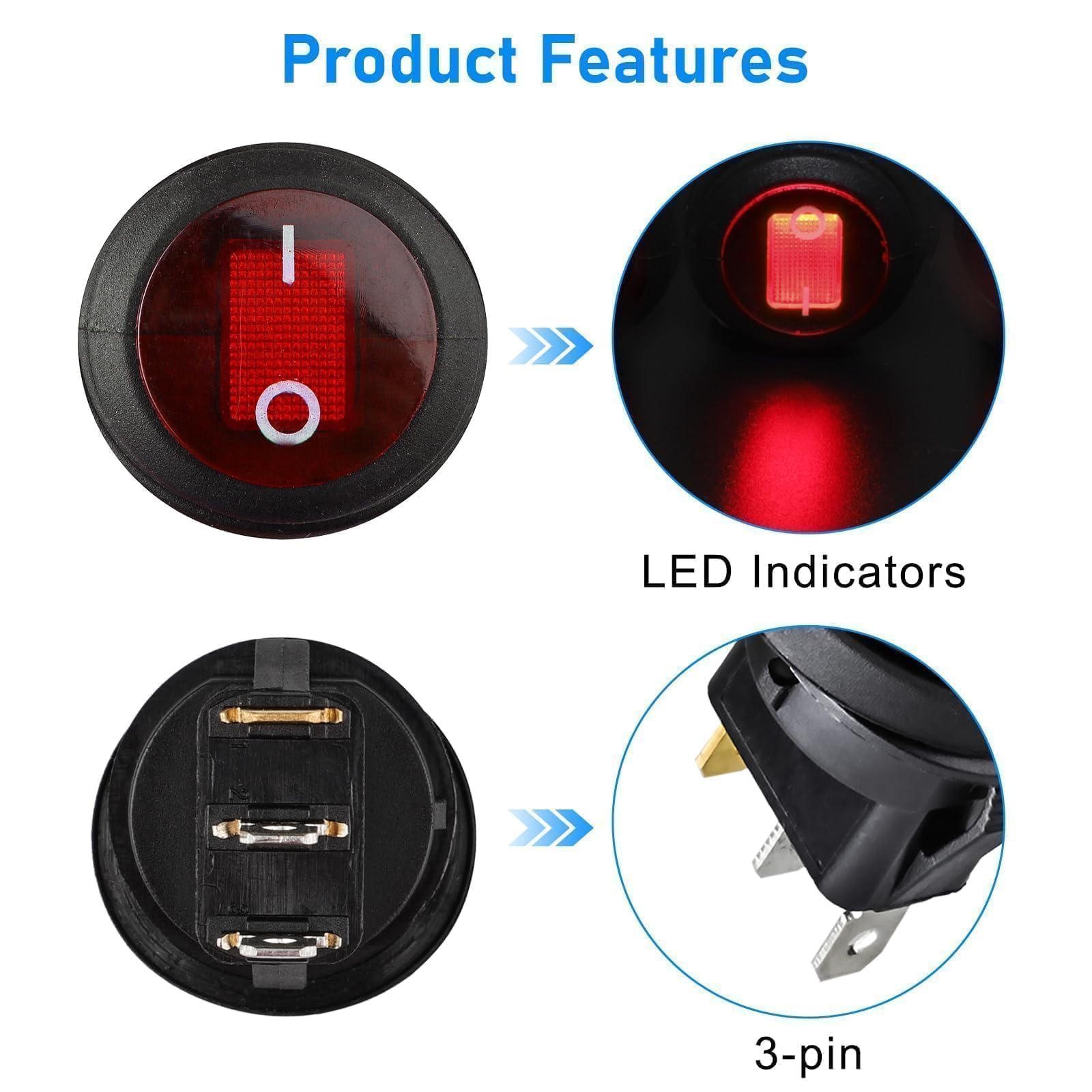 ZAAHH 10Pcs 12V 20A Car Auto Colore LED Interruttore a levetta a levetta 3 Pin SPST ON/off for Veicoli Interruttori (Color : Red
