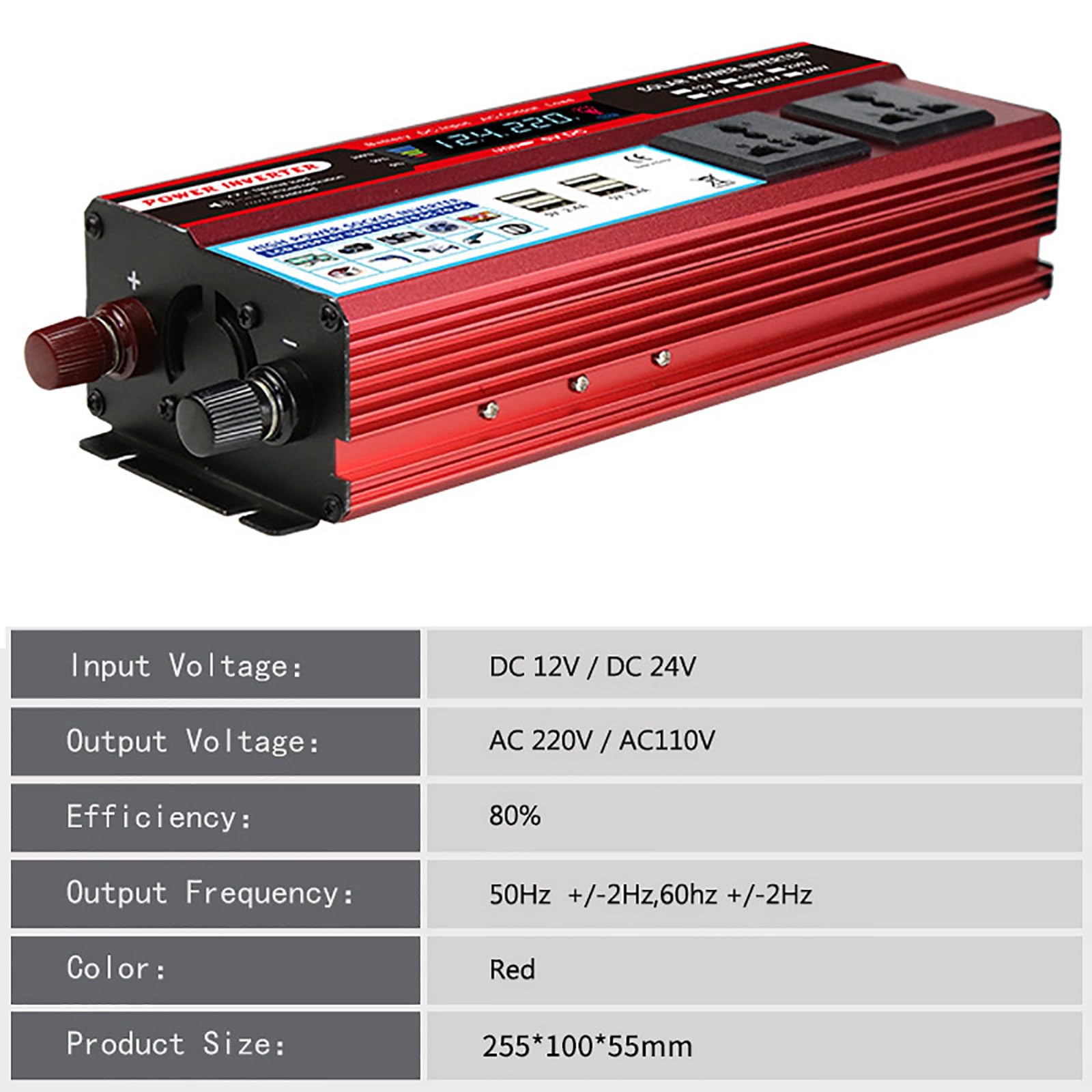 FAXIOAWA Convertitore di Potenza 2000 W, CC 12 V 24 V a 110 V 220 V, Caricatore per Auto 3 in 1 accendisigari con Display LCD per Auto/roulotte/Campeggio/Barca, 12 V-220 V