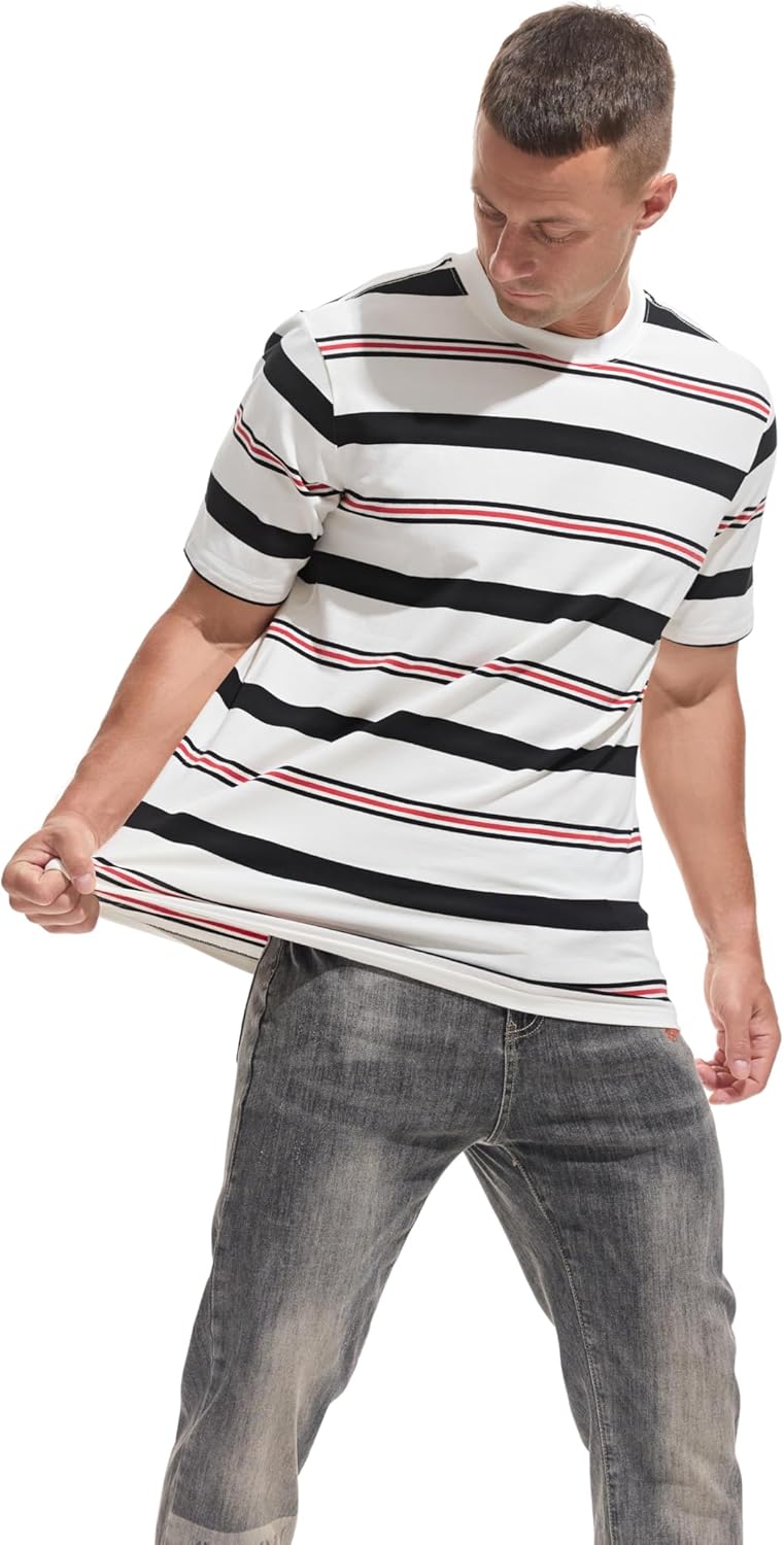 KLIEGOU Men's Fashion Loose Fit Crewneck Stripe T-Shirt - Image 3