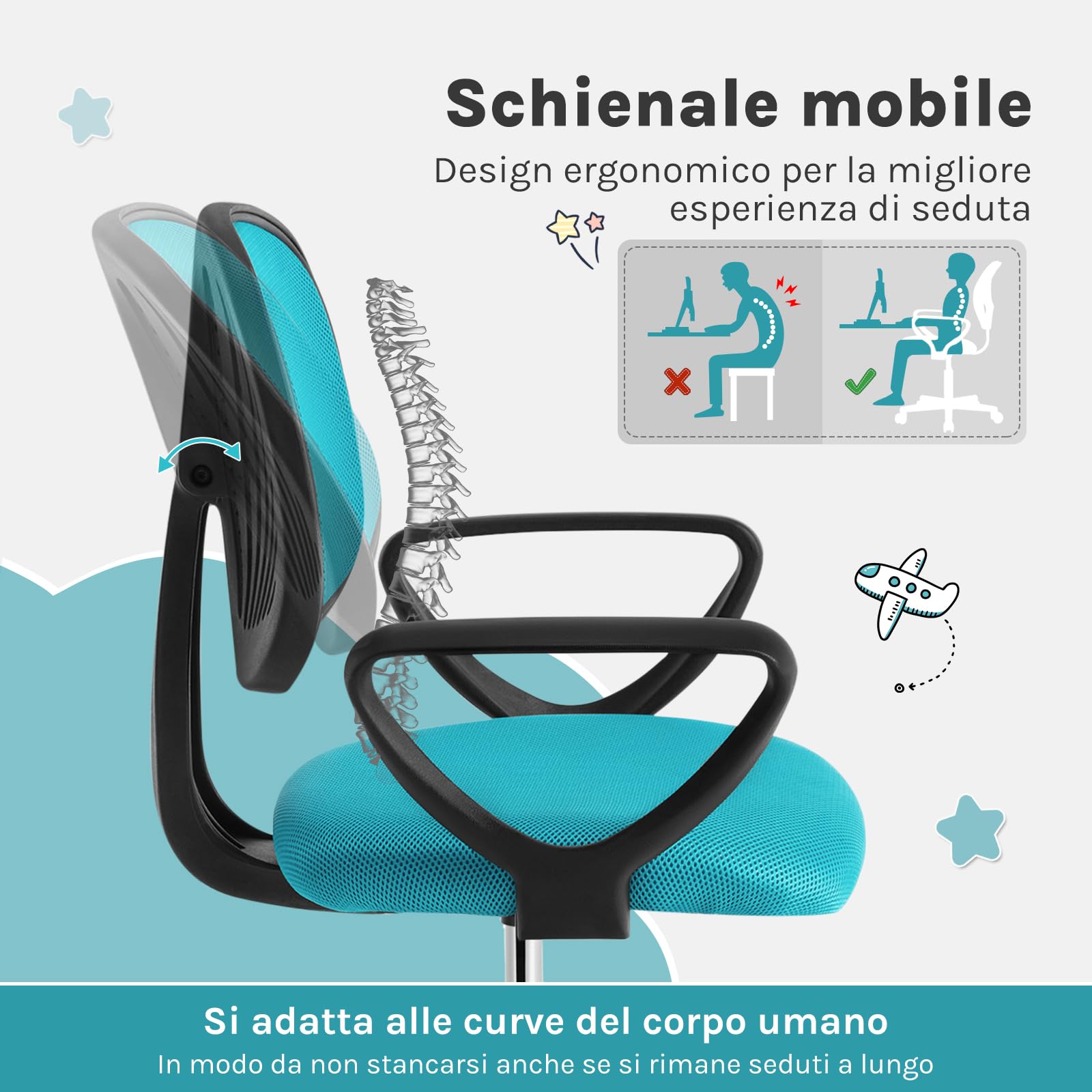 Sedia da Scrivania per Bambini, Sedia da Studio Girevole, Sedie Ergonomica con Ruote, Tessuto a Rete Traspirante, Sgabello Girevole con Schienale Regolabile Automaticamente, Turchese, K0006BS