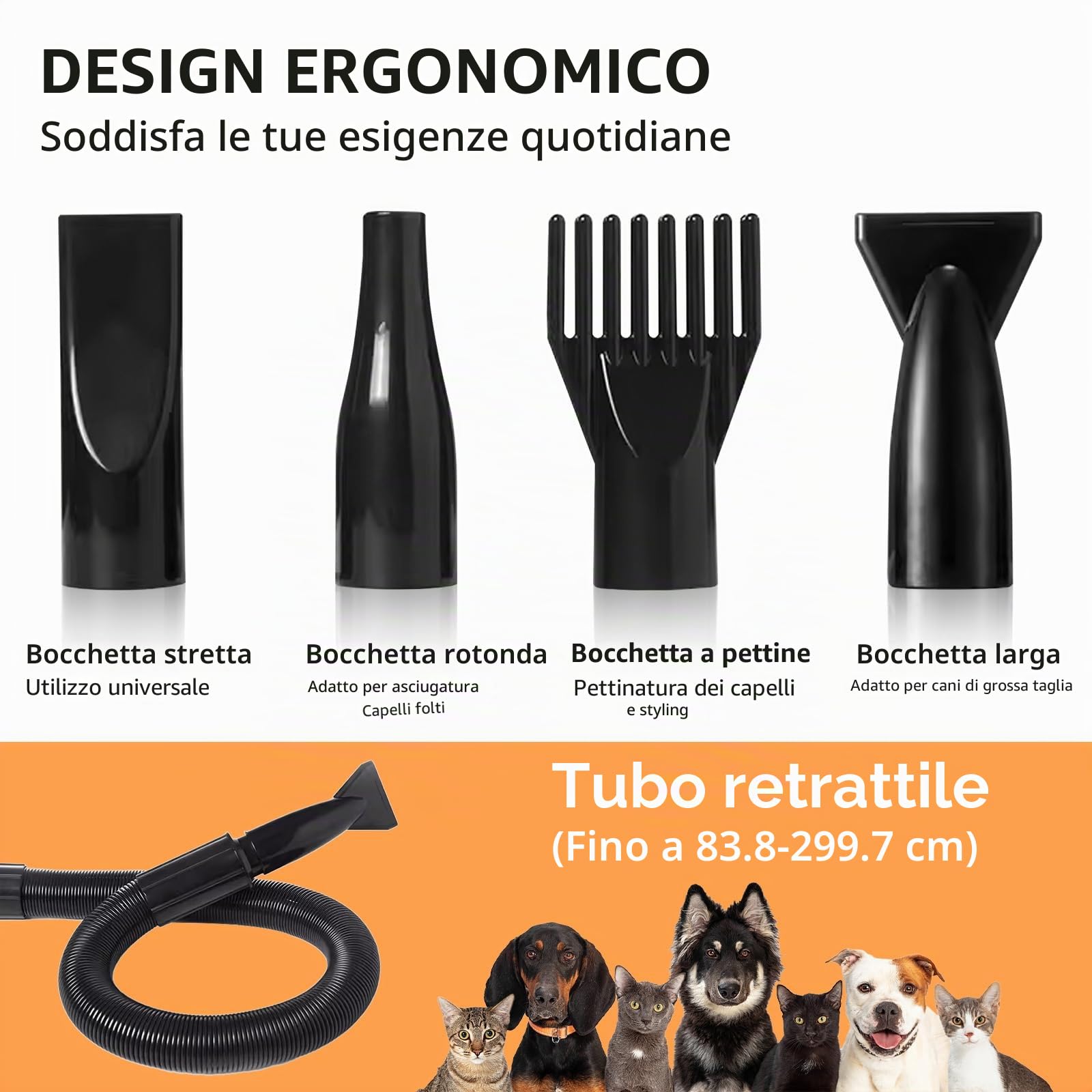 Asciugacapelli per cani, 3200 W, molto silenzioso, 3200 W, asciugacapelli per cani con velocità e temperature regolabili, 4 diversi ugelli, tubo elastico e spazzola per la cura