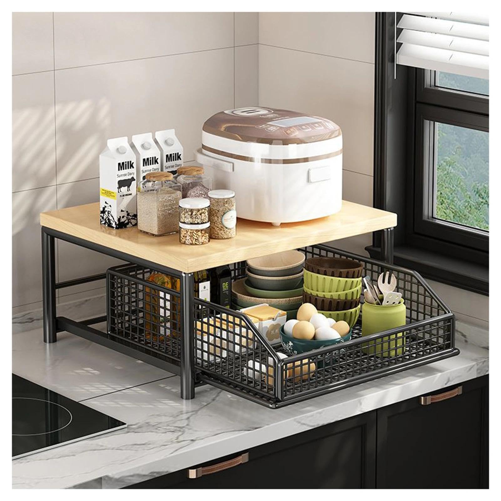 Küchen-Arbeitsplatten-Organizer, 2-stöckiger Mikrowellenständer, Kaffeekapsel-Schubladenhalter, Küchen-Arbeitsplatten-Organizer Mit Drahtkorb Und Kleinem Gewürzregal(Black)