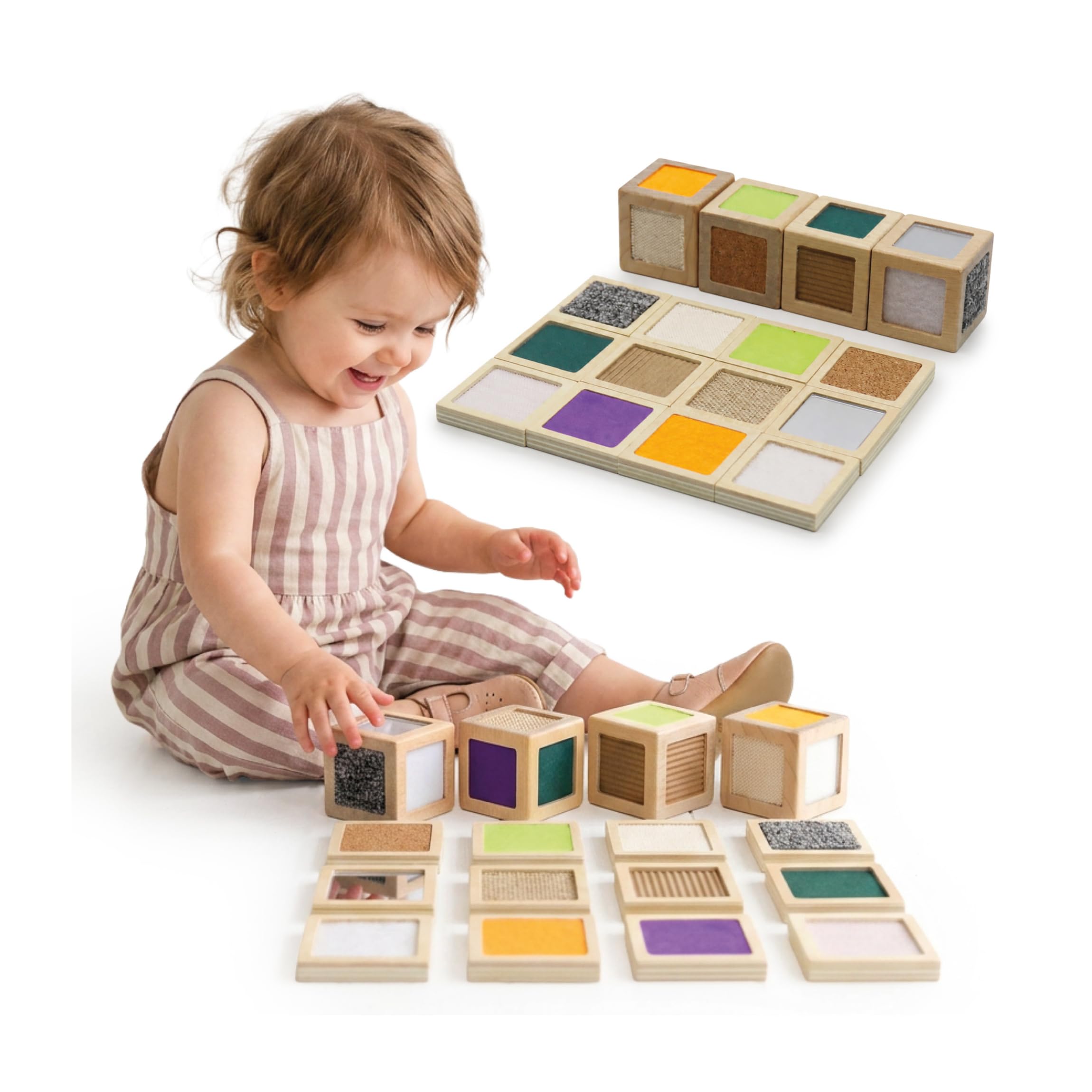 mamabrum Blocchi sensoriali in Legno Montessori, 4 cubi con 12 Texture e 12 Tessere da Abbinare, Gioco tattile educativo per Bambini da 1 Anno, Gioco Naturale per Movimento in casa