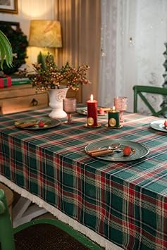 Kerio Rectangle Tablecloth Christmas Red Plaid Table Cover with Tassel for Kitchen Dinning Tabletop Decoration Green 55 X 79 in