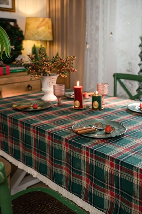 Kerio Rectangle Tablecloth Christmas Red Plaid Table Cover with Tassel for Kitchen Dinning Tabletop Decoration Green 55 X 79 in