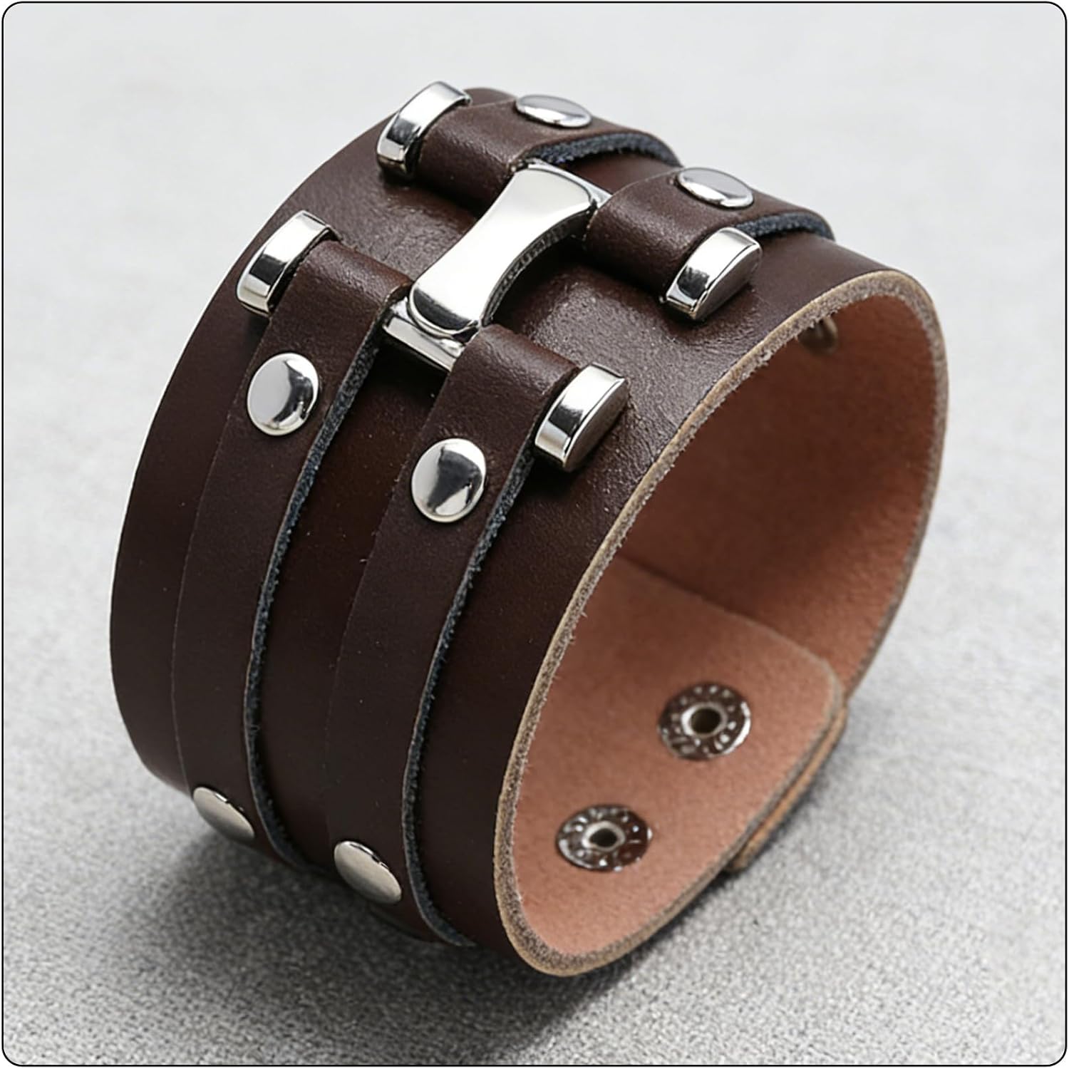 Fashion Alloy Snap Wide Leather Wristband Cuff Bracelet,7-7.5inches