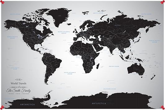 Personalized Canvas Rolled Poster World Map Wall Art Large 24" x 36" Black Ice World Map Poster Push Pin Travel Decor for Home or Office
