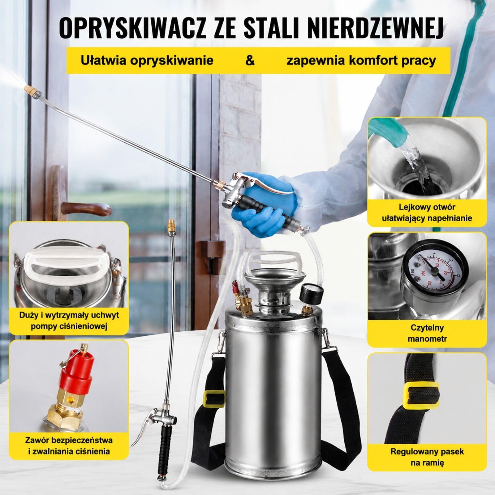 Opryskiwacz ciśnieniowy 6 L ze stali nierdzewnej z pompą ręczną do roślin i ogrodu