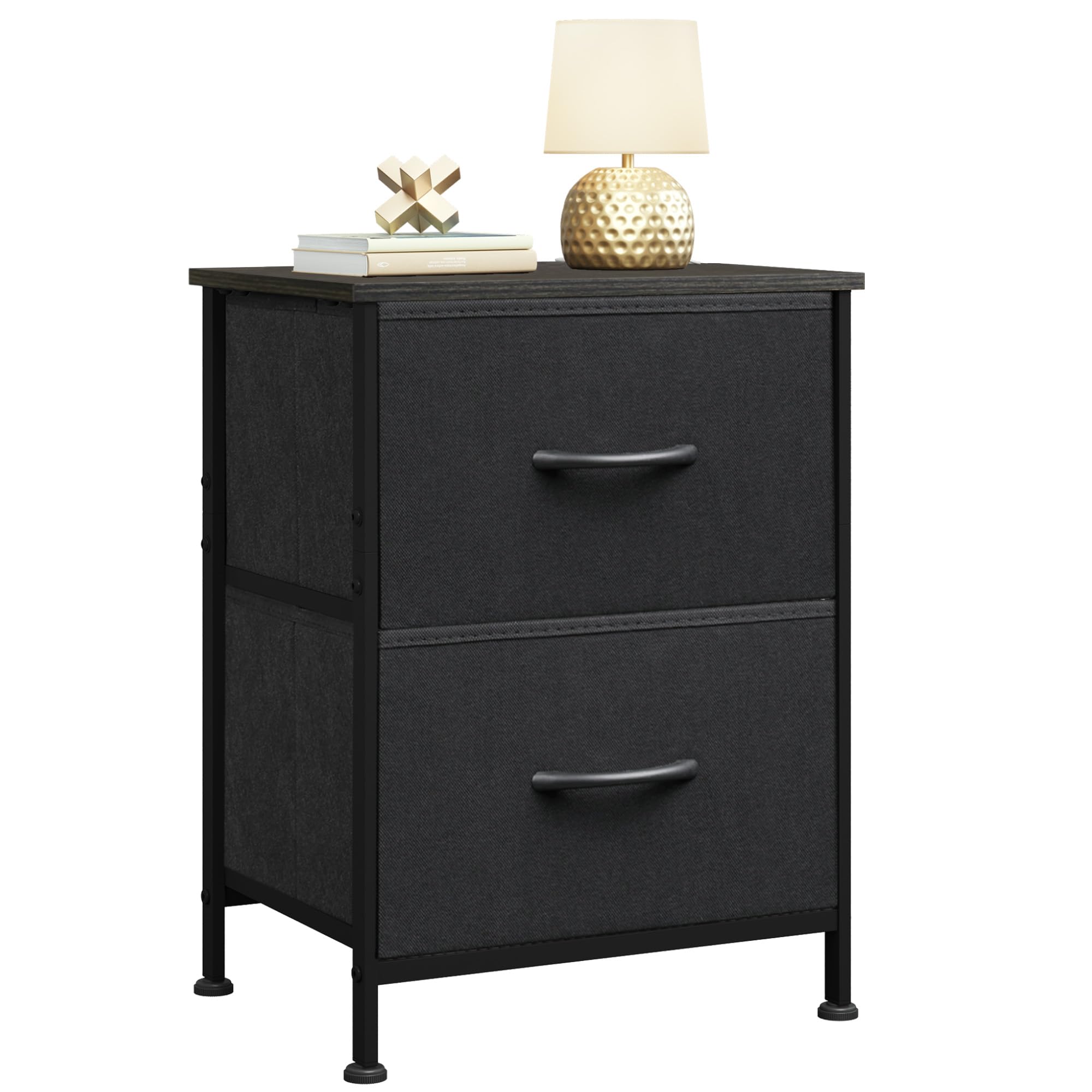 WLIVE Black Nightstand, Small Dresser for Bedroom with 2 Fabric Drawer, Bed Side Table with Drawers, End Table Bedside Furniture, Sturdy Steel Frame, Wood Top, Closet Organizer, College Dorm