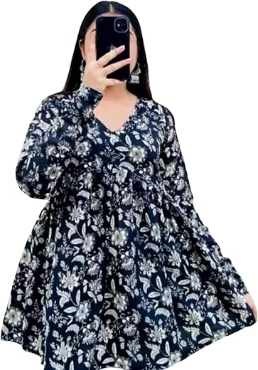 Women’s Rayon Floral Printed A-Line Tunic Top | Stylish Casual Wear | V-Neck Long Sleeve Kurti Top